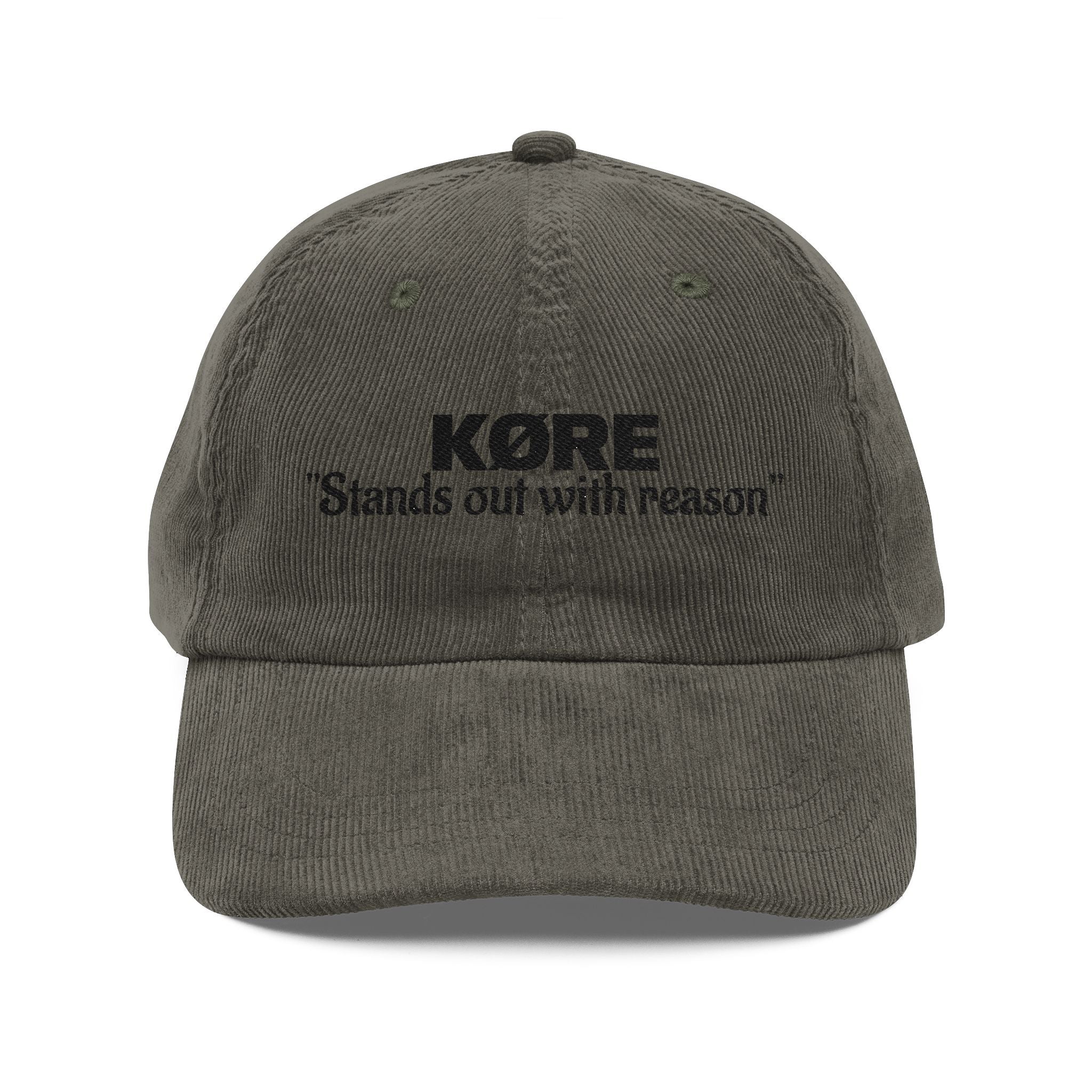 Corduroy Cap — "KØRE Stands Out with Reason" Embroidered Vintage Hat (Combo deal with hoodie and shirt)