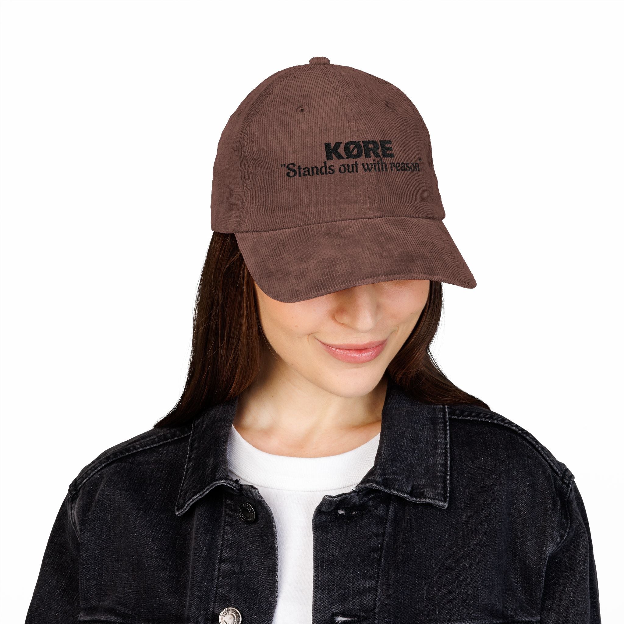 Corduroy Cap — "KØRE Stands Out with Reason" Embroidered Vintage Hat (Combo deal with hoodie and shirt)